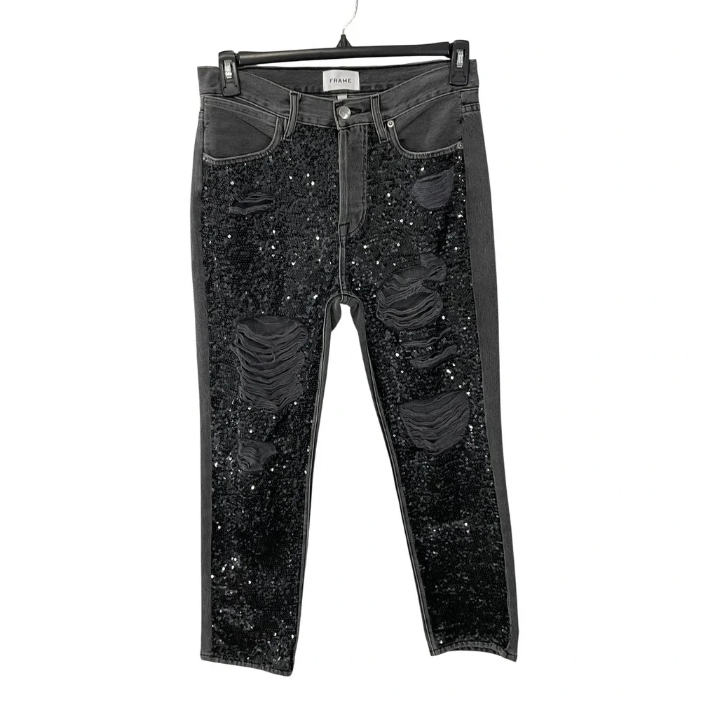 FRAME Basque‎ Rips Black Sequin Distressed Jeans Size 26 Denim High Rise Crop - Picture 2 of 9